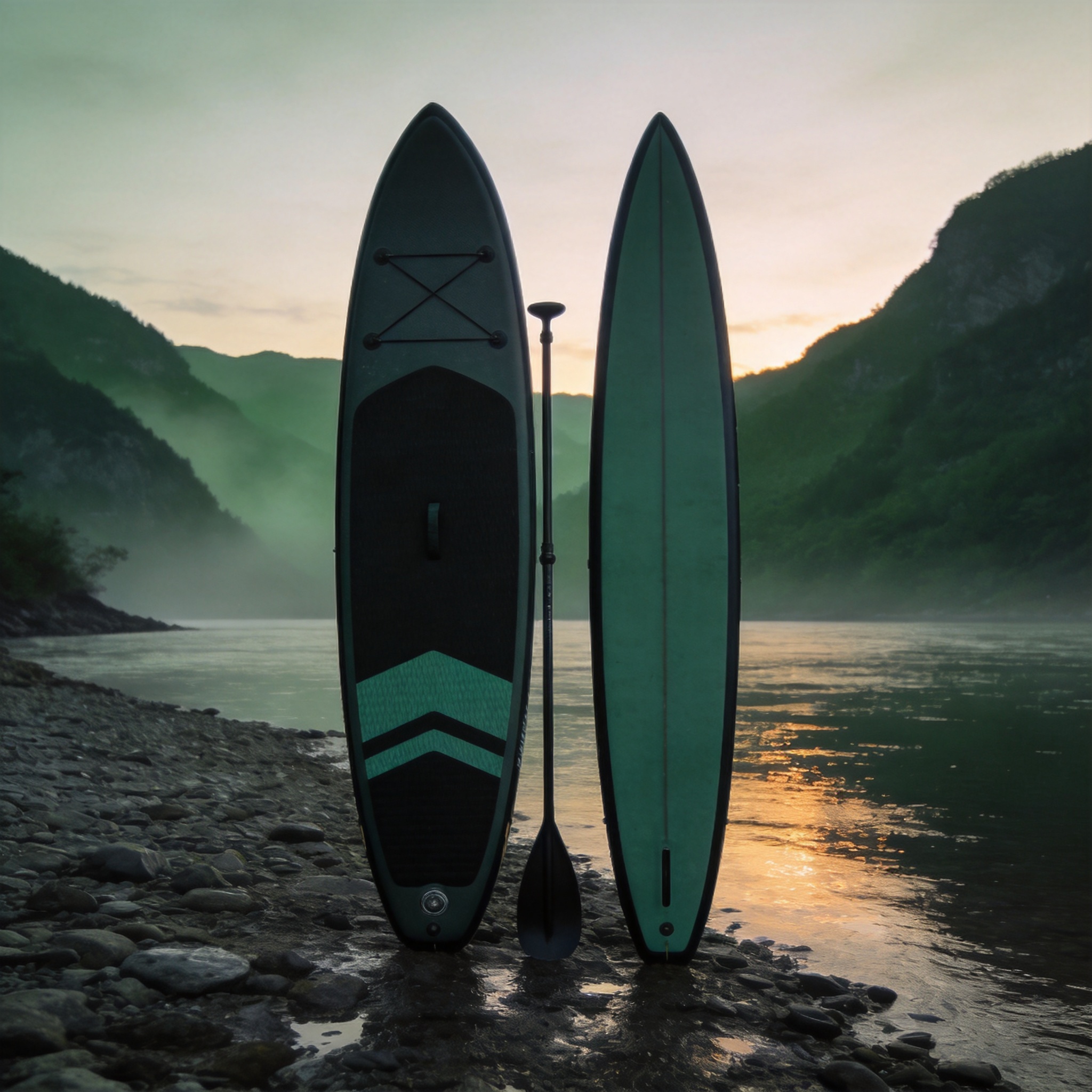 Two paddle board shapes beside a mountain river